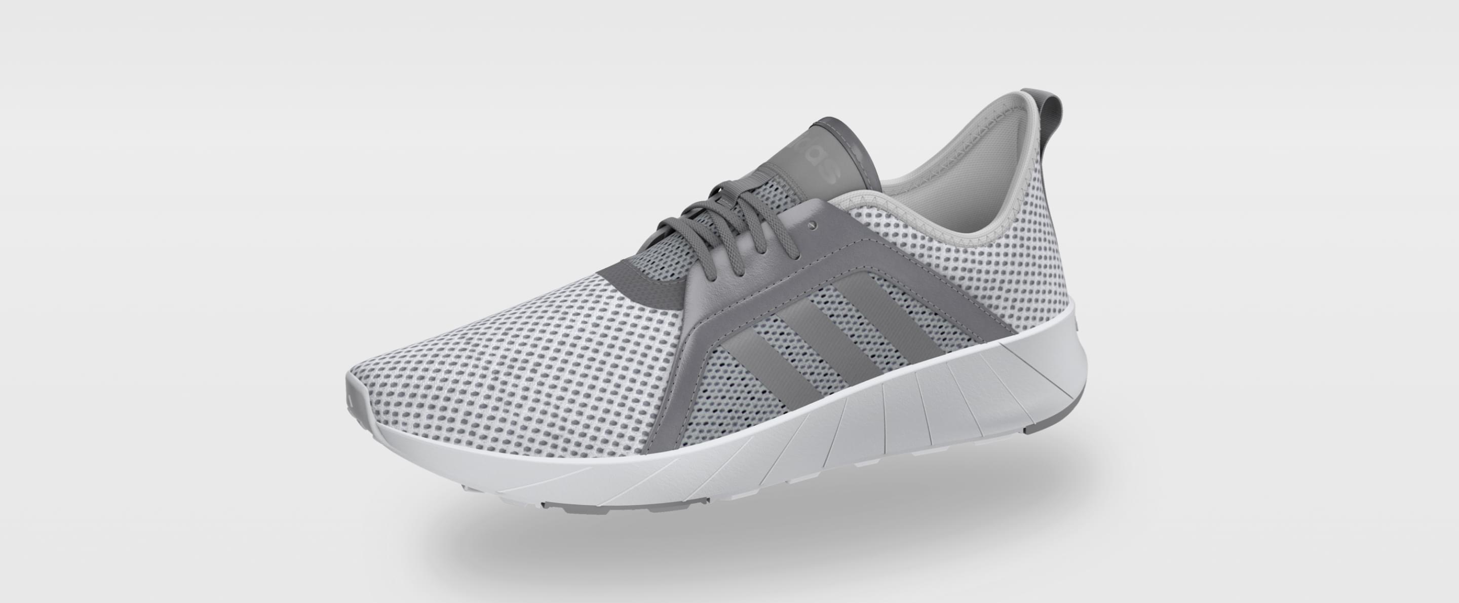 Grauer Adidas Khoe Run Schuhe mit weiß-grauem Mesh-Obermaterial, seitlichen Streifen und weißer Sohle auf weißem Hintergrund.