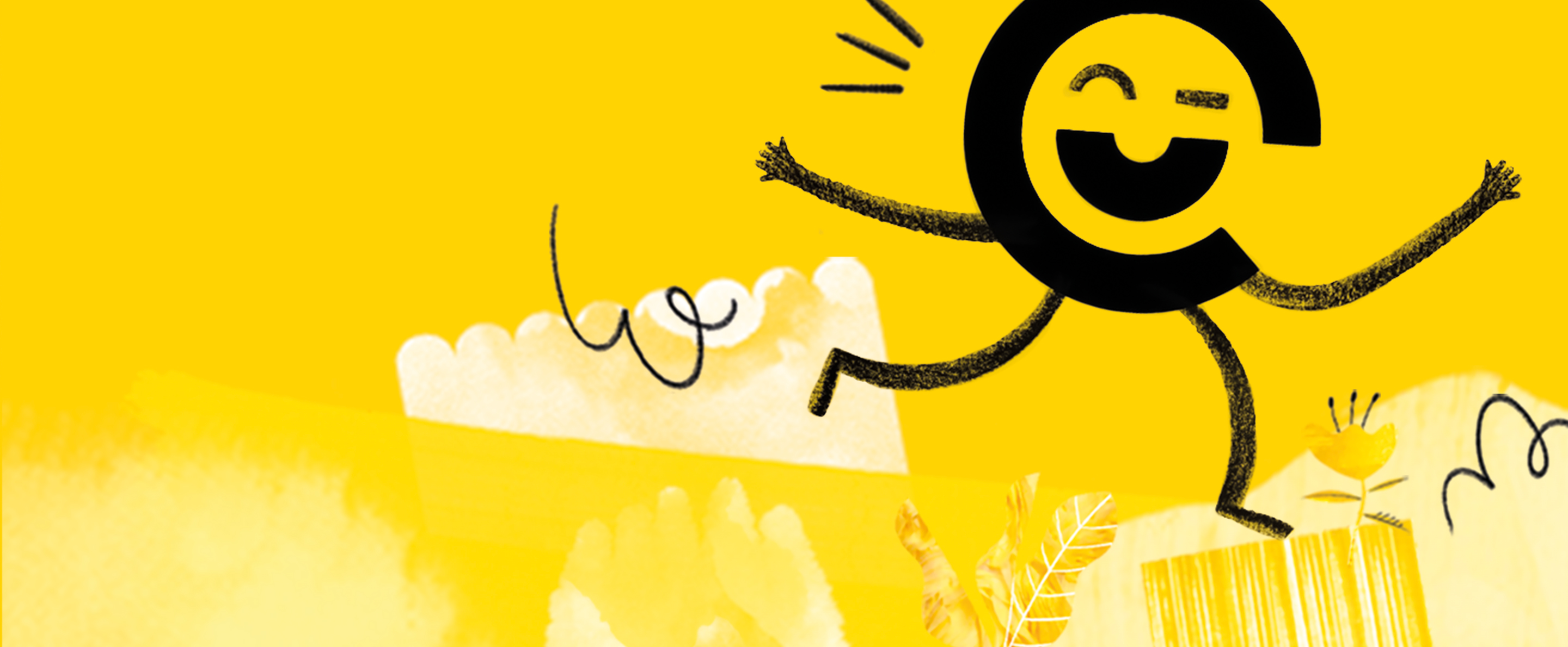 Das Cooper Maskottchen springt fröhlich vor einem gelben Hintergrund durch das Bild.