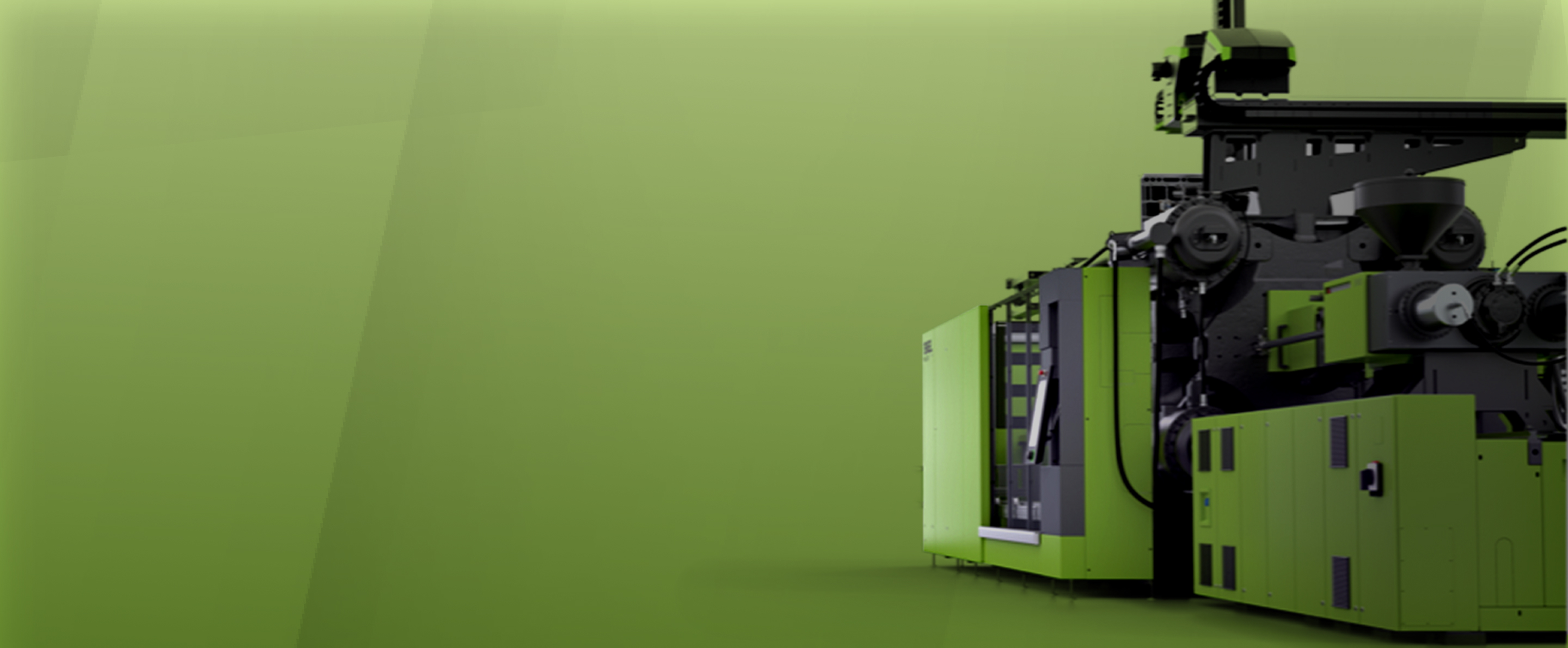 Eine grüne ENGEL-Spritzgussmaschine auf einem grünen Hintergrund mit einem sanften Verlauf.