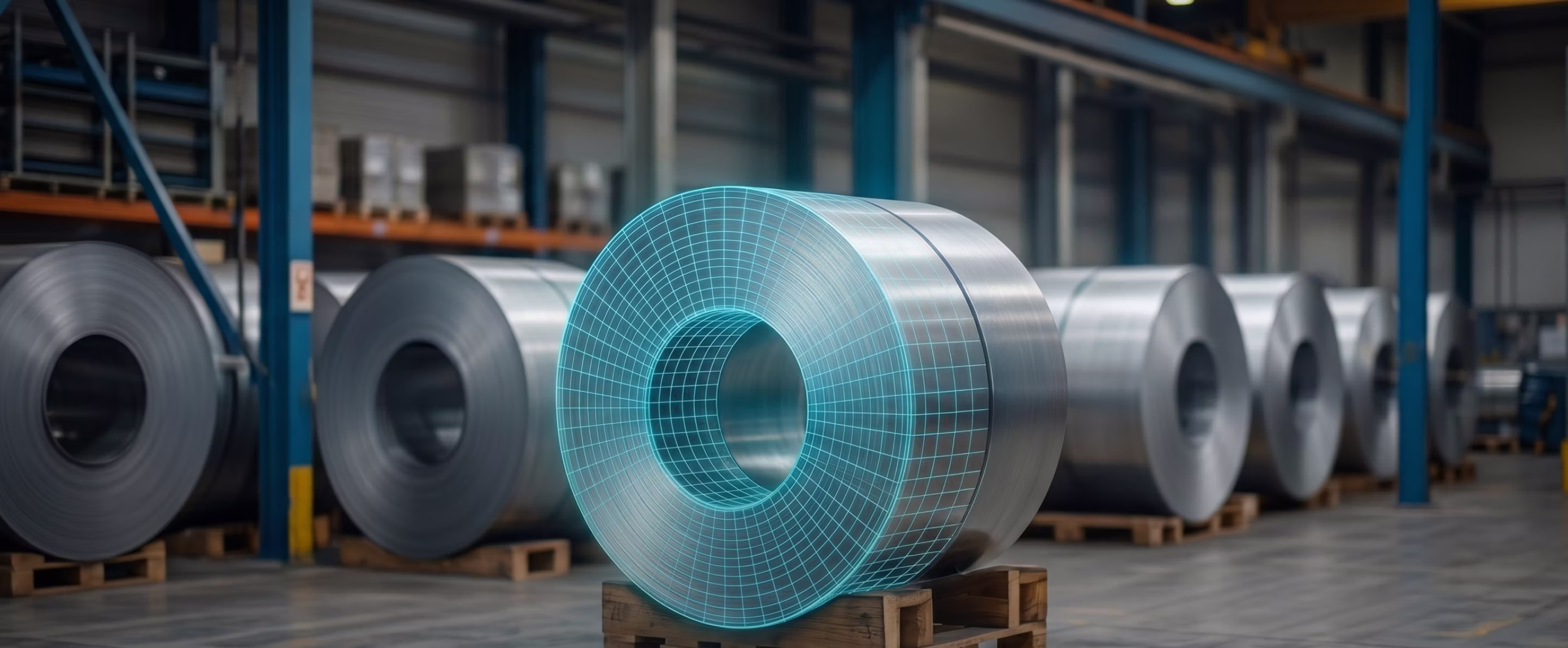 Rollen aus Stahl in einem Lagerhaus, wobei eine Rolle durch eine digitale Rasterüberlagerung hervorgehoben ist, die auf Holzpaletten platziert sind.