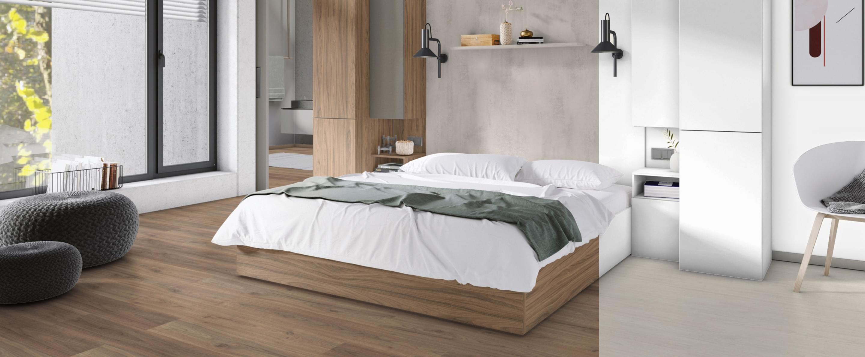 Geteilte Ansicht eines Schlafzimmers mit zwei verschiedenen Dekor Stilen.