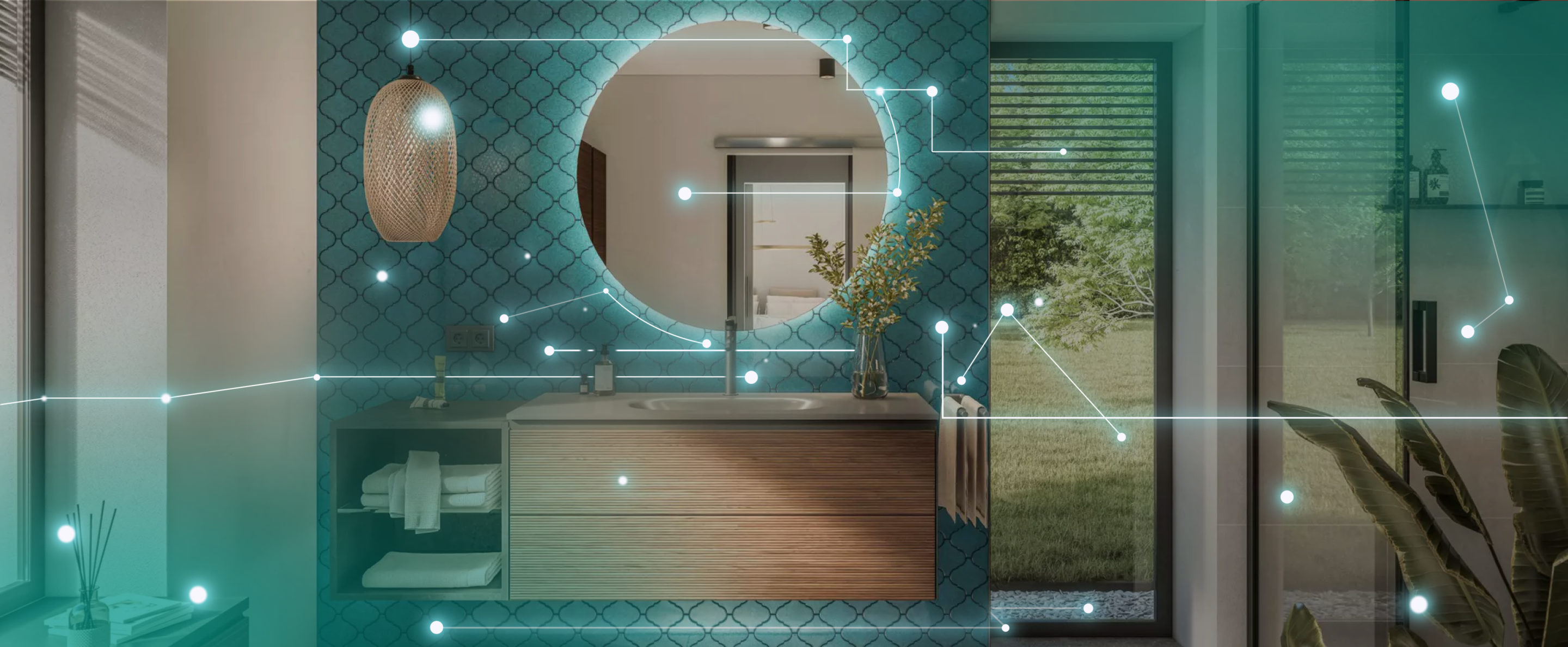 Modernes Badezimmer mit türkis gemusterter Fliesenwand, rundem Spiegel und schwebendem Waschtisch aus Holz. Dezente Lichtpunkte und vernetzte Linien überlagern das Bild und symbolisieren digitale Vernetzung.