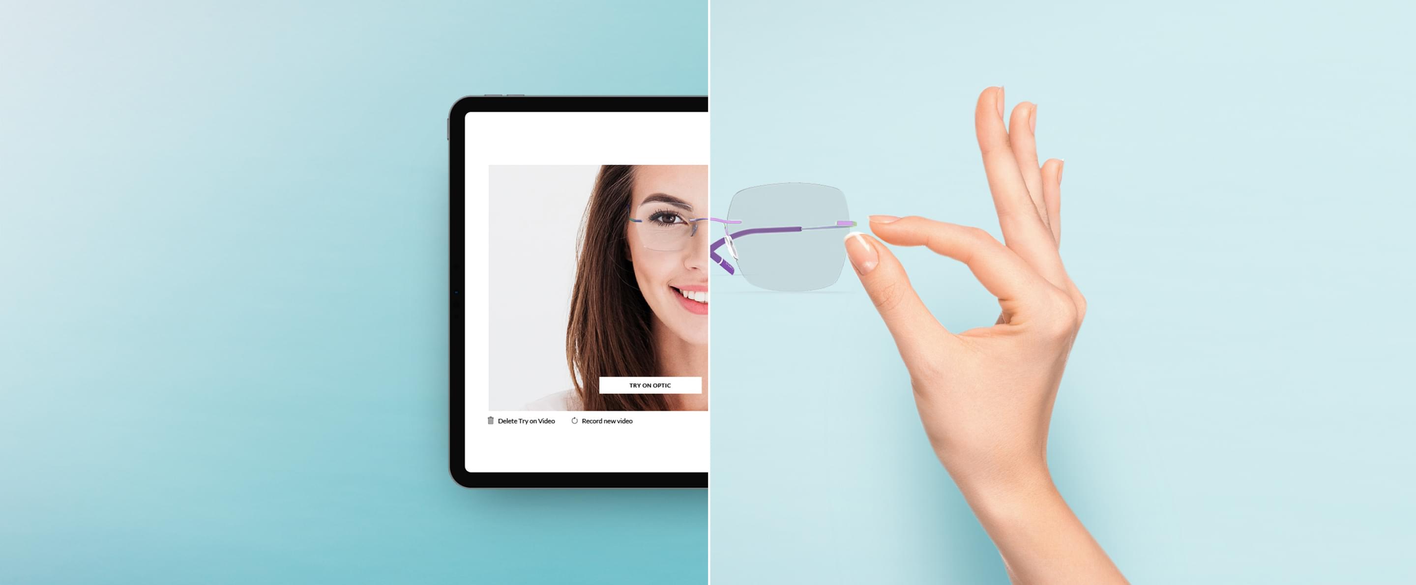 Eine Hand hält eine randlose Brille, die nahtlos von einem digitalen Anprobebild auf einem Tablet ins echte Leben übergeht.