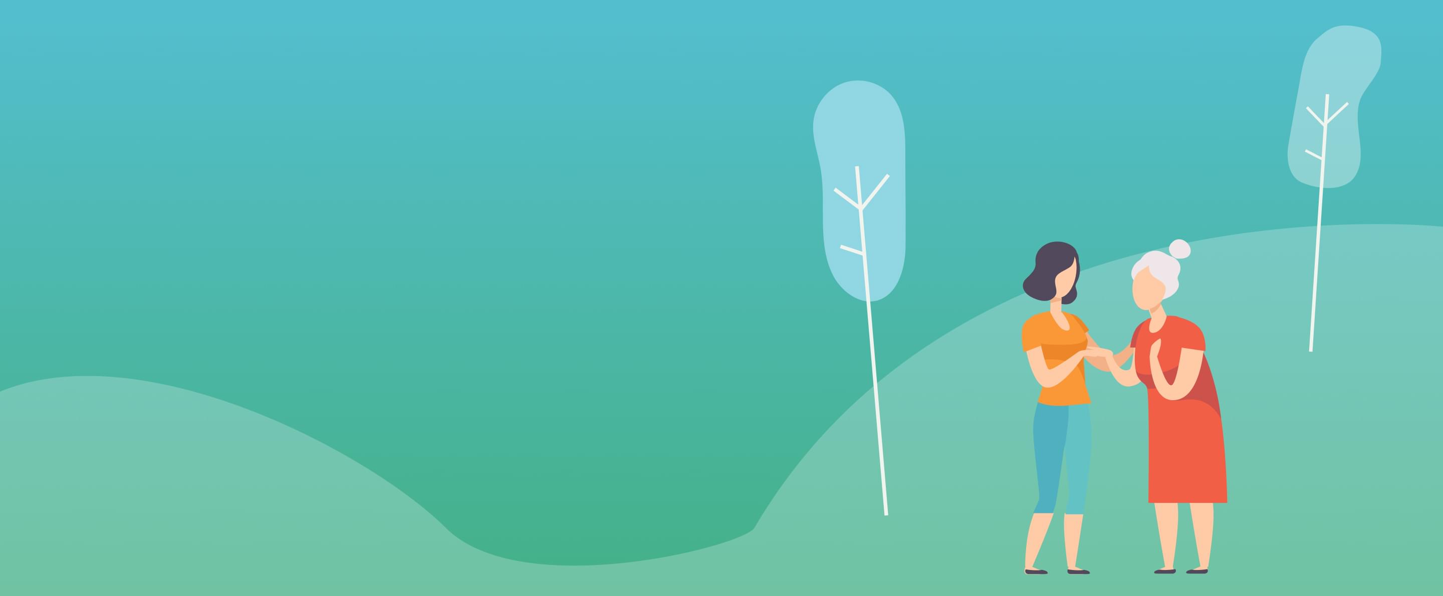 Illustration von zwei Frauen im Gespräch auf grünem Feld mit stilisierten Bäumen vor blau-grünem Hintergrund.