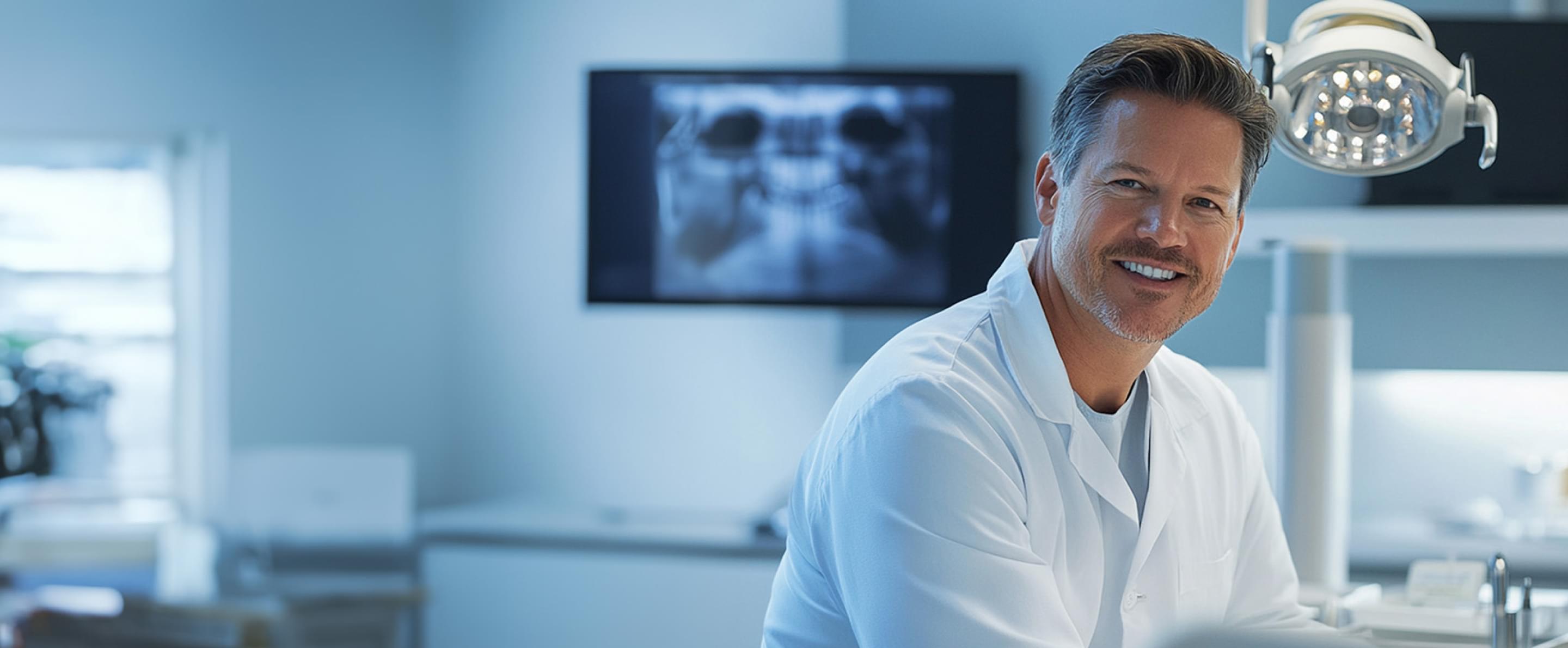 Ein Zahnarzt lächelt in die Kamera, er sitzt in einer Praxis und im Hintergrund befindet sich ein Röntgenbild von Zähnen.