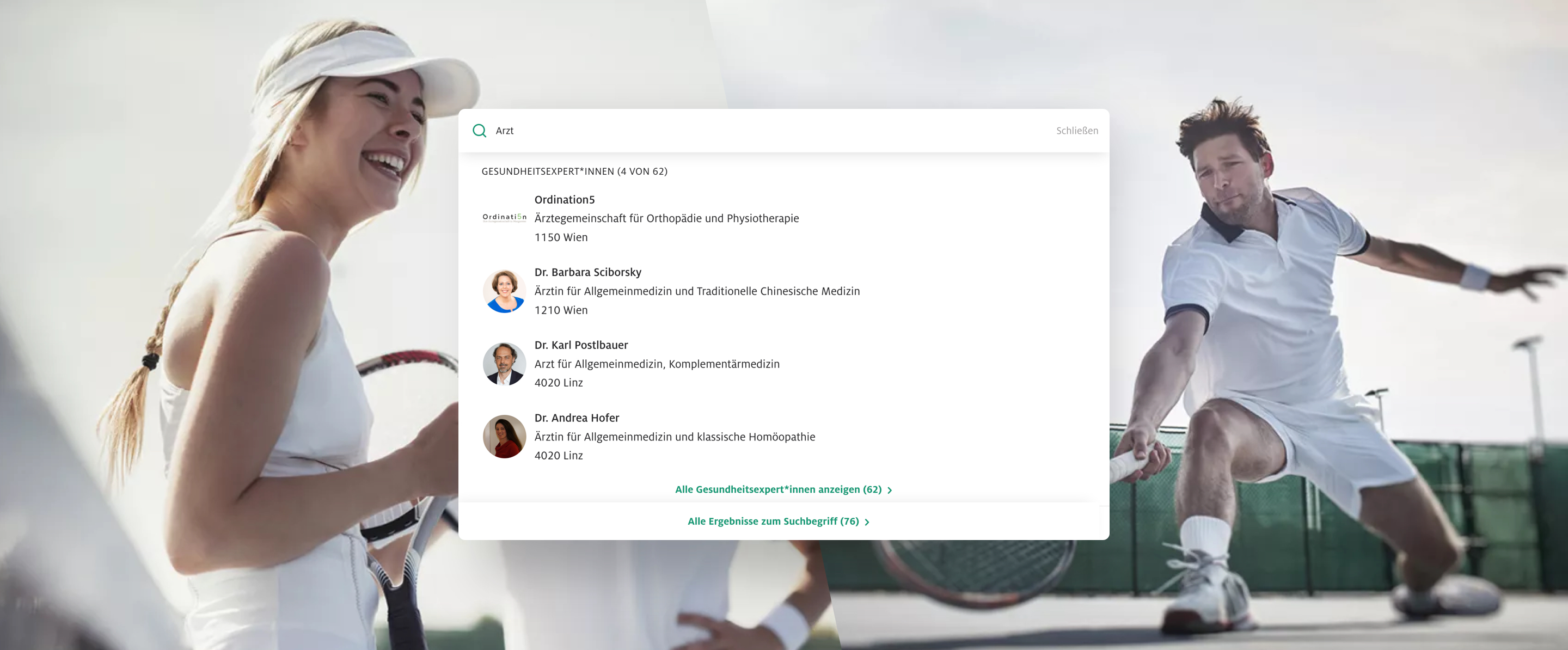 Ein Overlay der Suche auf einem Bild von zwei Tennisspielern.