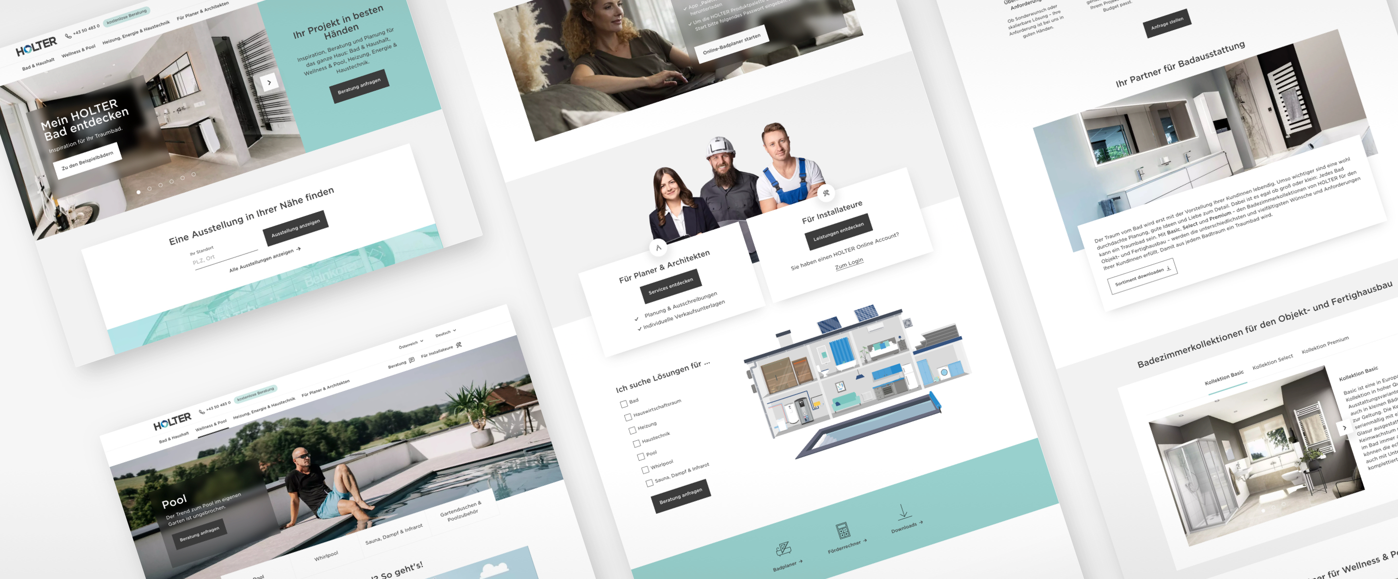 Collage mit mehreren Ansichten der Benutzeroberfläche der Holter Sales Plattform.