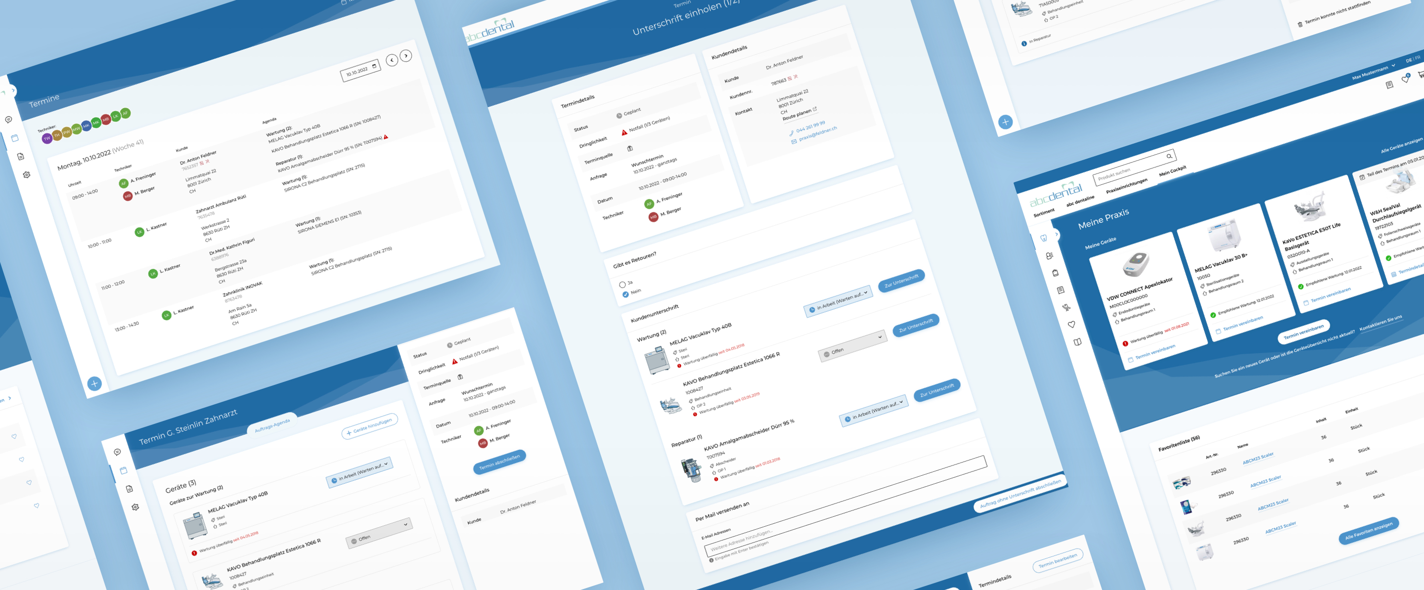 Mehrere Ansichten der Cockpit-Benutzeroberfläche nebeneinander auf einem blauen Hintergrund.