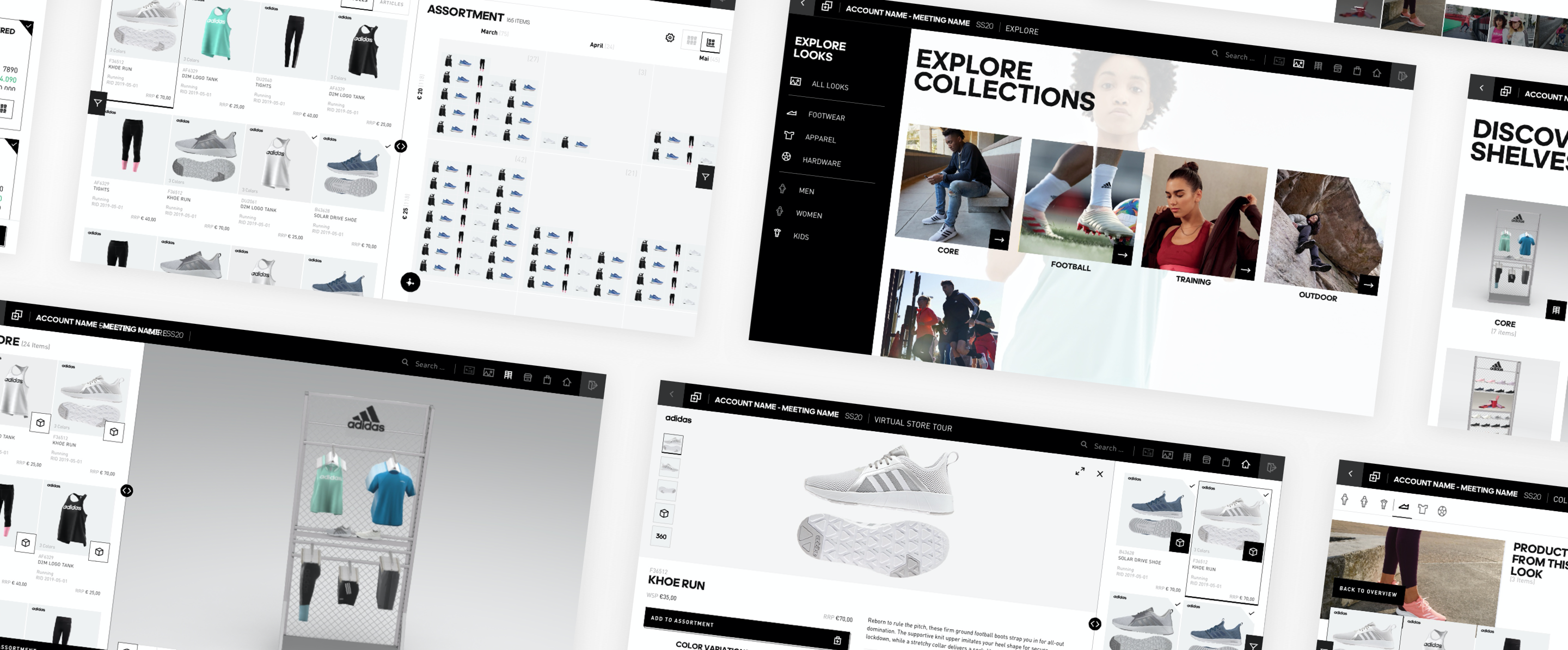 Anordnung von mehreren Benutzeroberflächen, die unterschiedliche Funktionen und Ansichten des Digitalen Sell-In präsentieren.