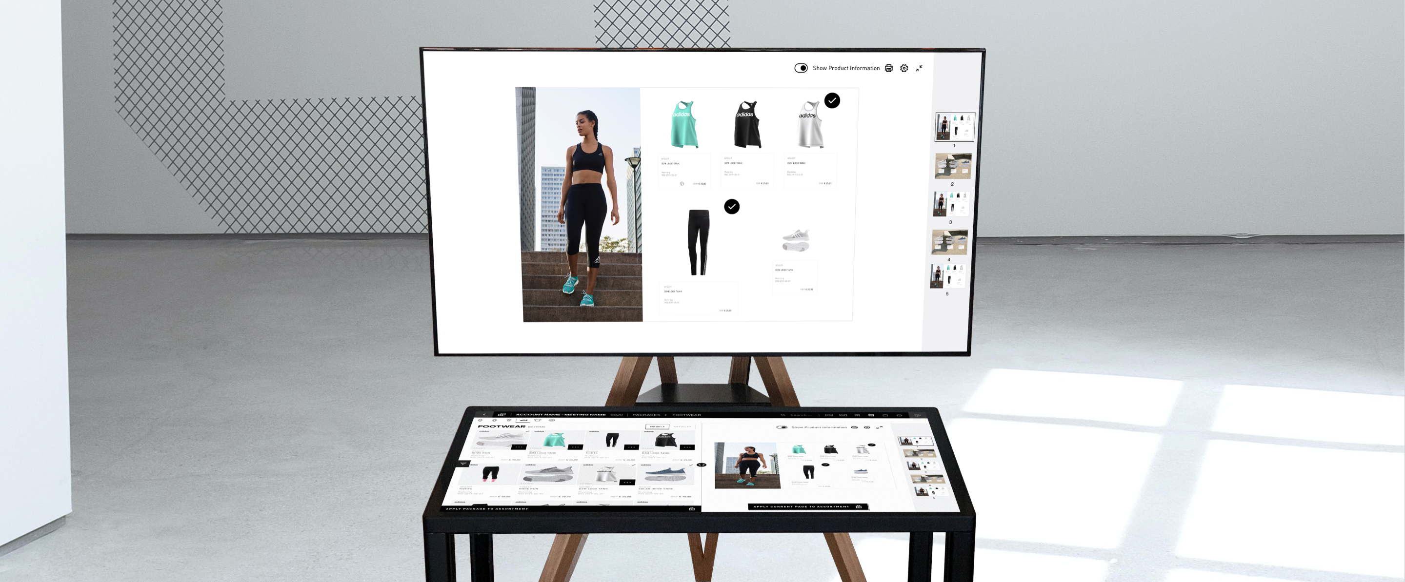 Mockup eines Monitors mit digitalem Showroom, davor ein waagrechtes Display mit den einzelnen Produkten.