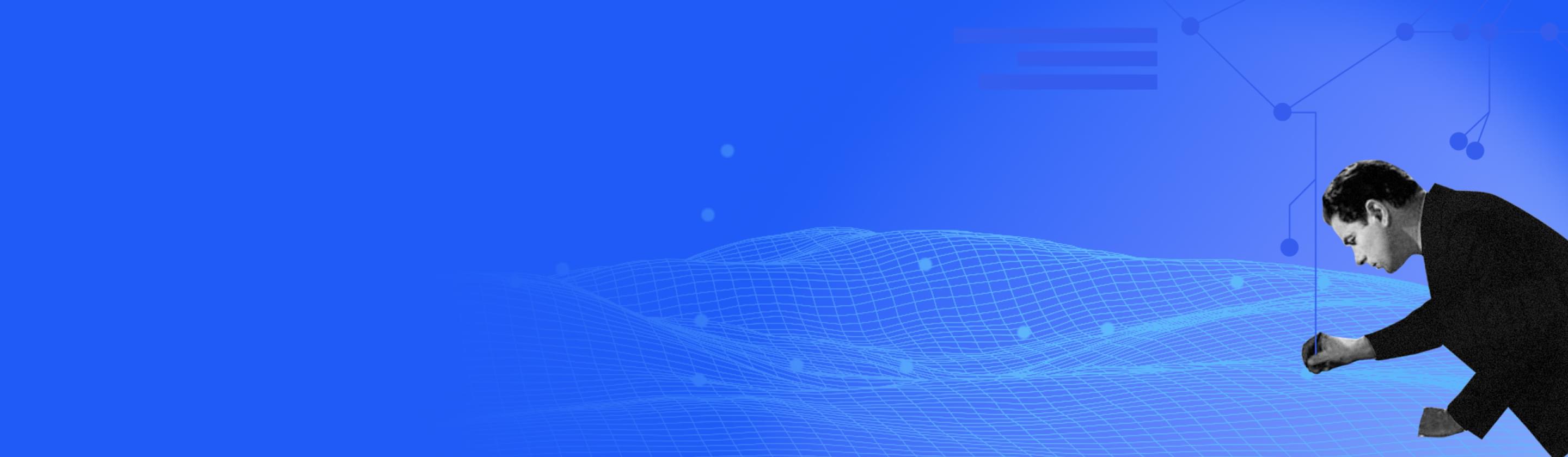 Ein Mann im Anzug kniet und manipuliert Fäden wie ein Puppenspieler vor einem blauen Hintergrund mit Datendiagrammen und einem 3D-Gittermuster.