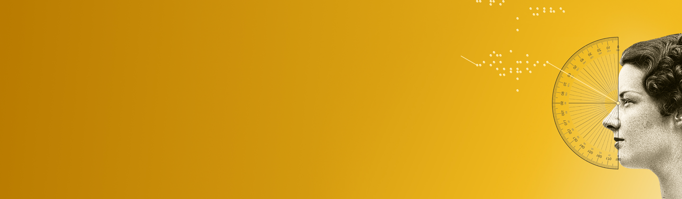 Seitenprofil einer Frau, deren Auge das Zentrum eines großen Winkelmessers bildet, neben einer abstrakten Punktewolke.