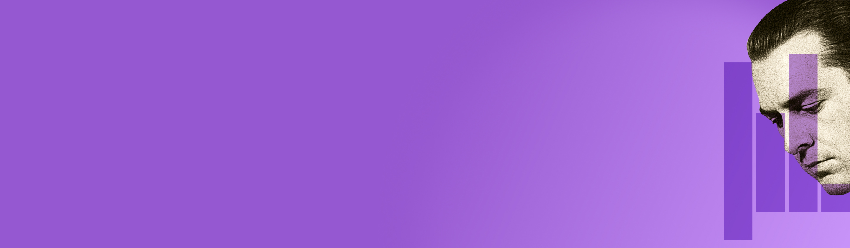 Ein Mann vor violettem Hintergrund, überlagert von einem abstrakten Balkendiagramm.