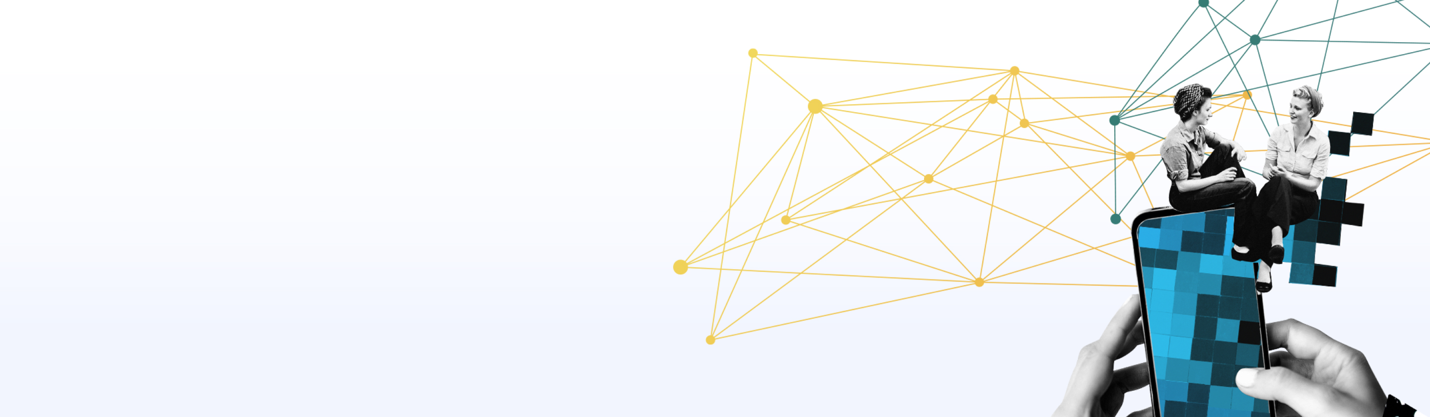 Zwei Personen sitzen auf einem großen Smartphone, umgeben von einem digitalen Netzwerk.