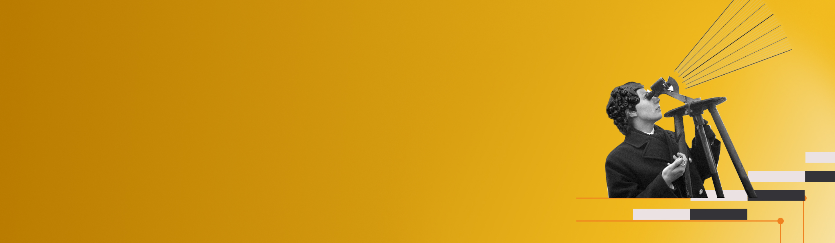 Eine Person schaut durch ein großes Fernglas, das auf einem Stativ steht, auf einem gelben Hintergrund.