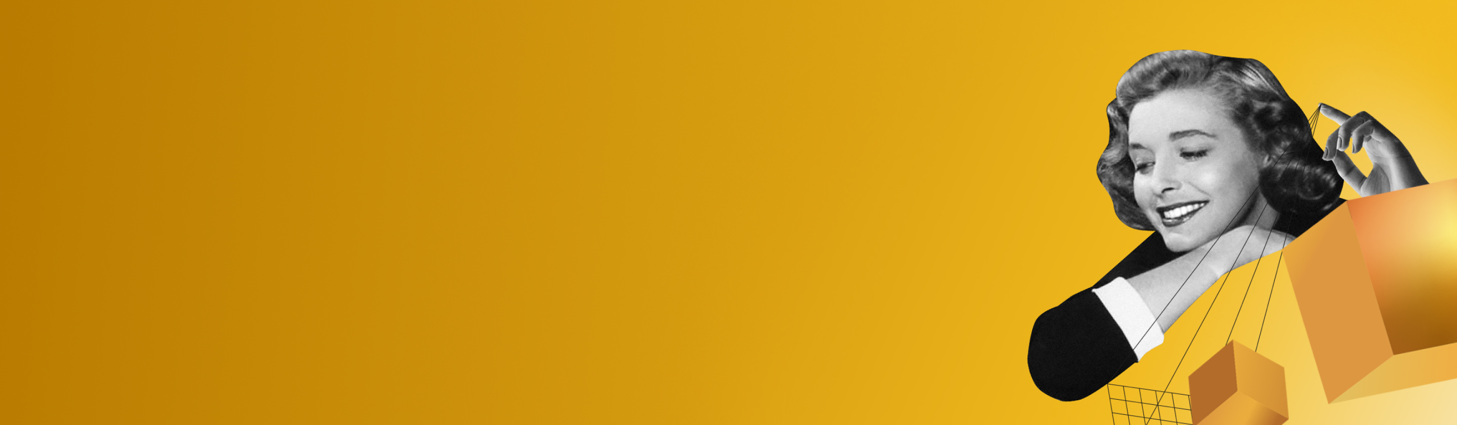 Eine lächelnde Frau in Schwarz-Weiß blickt auf schwebende goldene Würfel, die mit feinen Linien verbunden sind, vor gelbem Hintergrund.