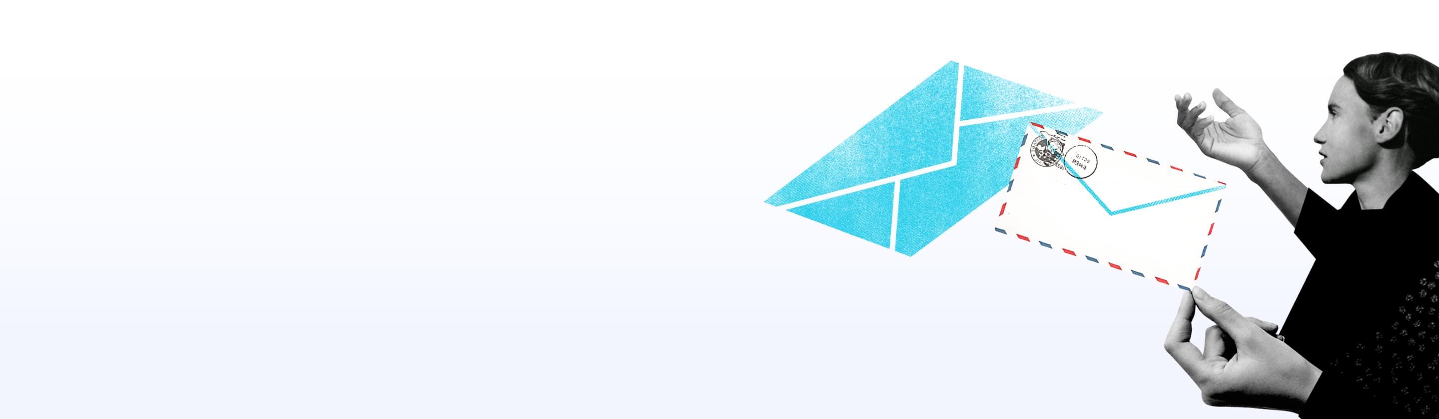 Eine Person hält einen Brief in der Hand, während ein weiterer Umschlag im Hintergrund schwebt.