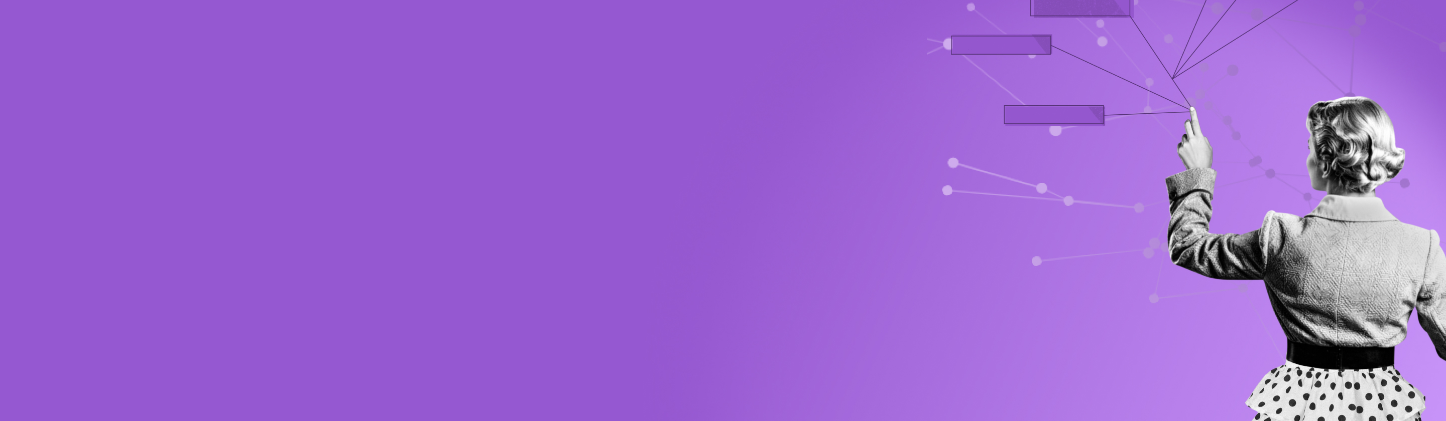 Eine Frau streckt sich nach einem leuchtenden Quadrat mit einem KI-Symbol aus, verbunden mit einem Prozessdiagramm auf violettem Grund.
