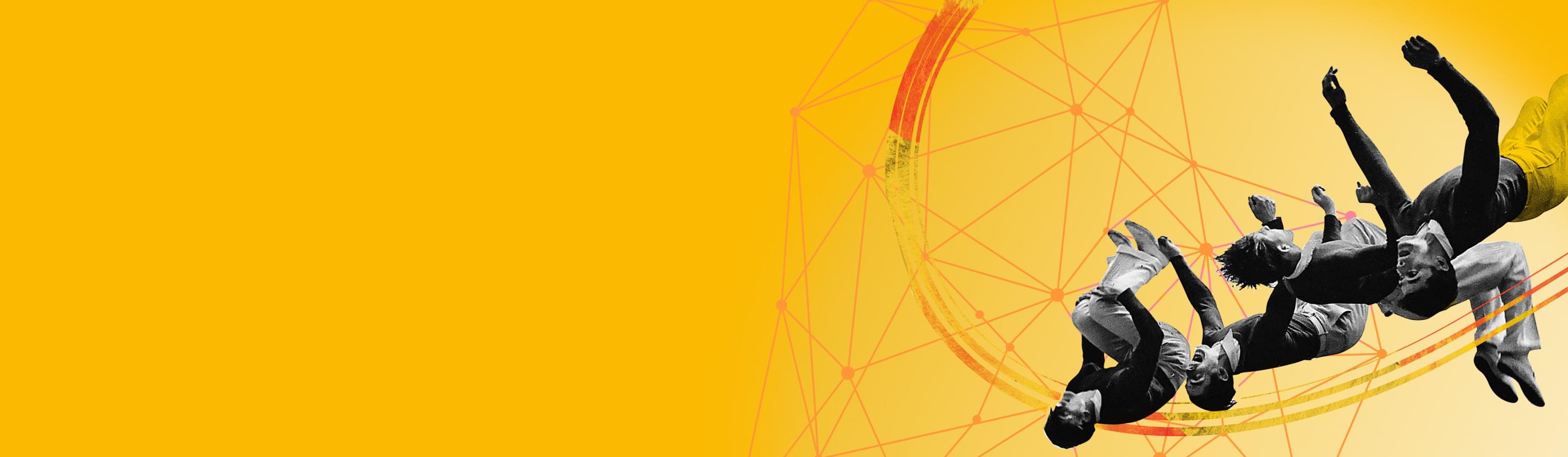 Drei Personen, dynamisch in der Luft schwebend, auf einem orangen Hintergrund mit geometrischen Linien.