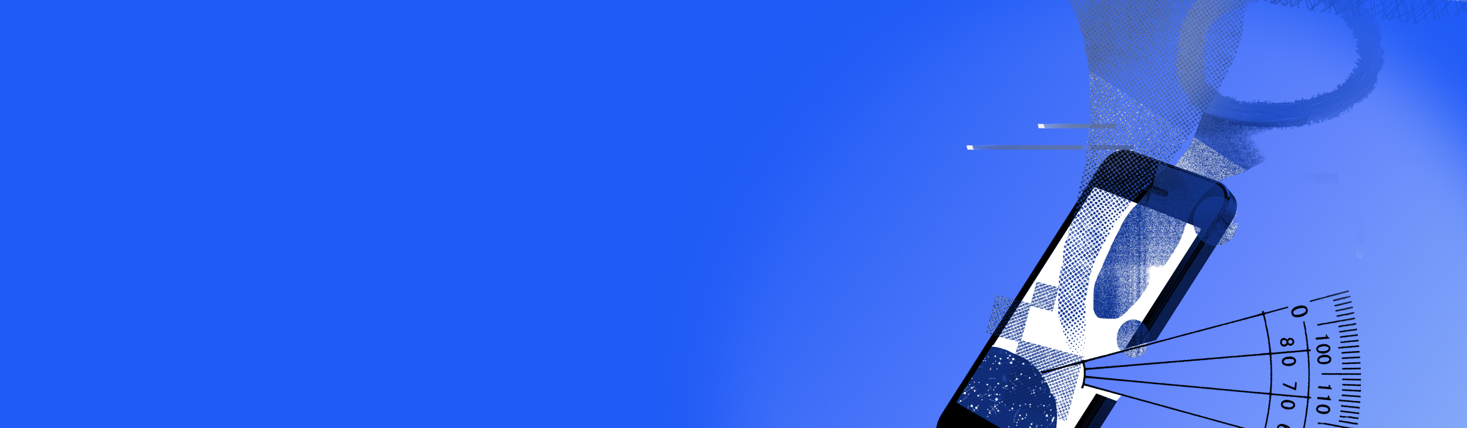 Ein Smartphone vor blauem Hintergrund, aus dem abstrakte, vernetzte Formen und eine Skala hervorgehen.