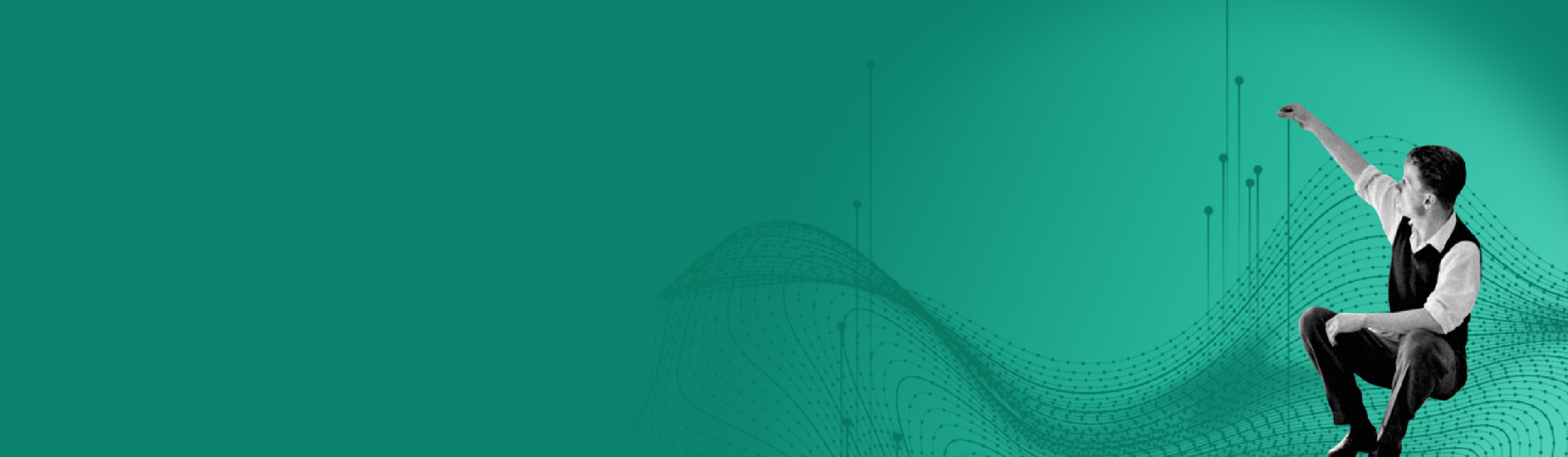 Ein Mann sitzt auf abstrakten grünen Wellenlinien und zieht Datenpunkte entlang einer Linie in die Luft.