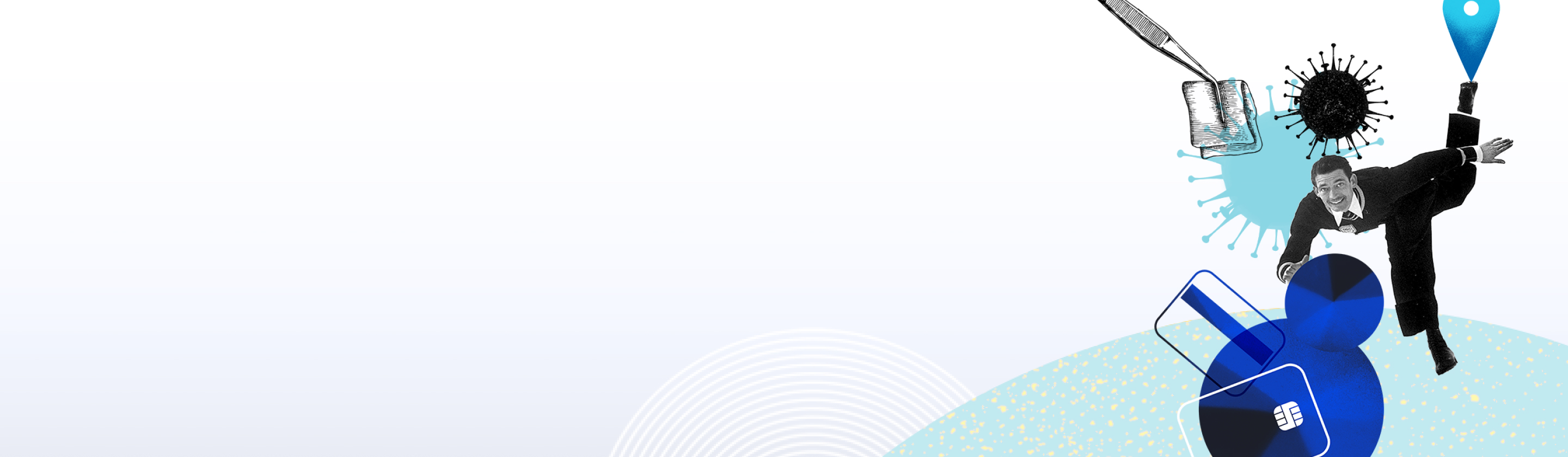 Ein Mann in Anzug und Schuhen schwebt über Kreditkarten und einer Virusdarstellung.