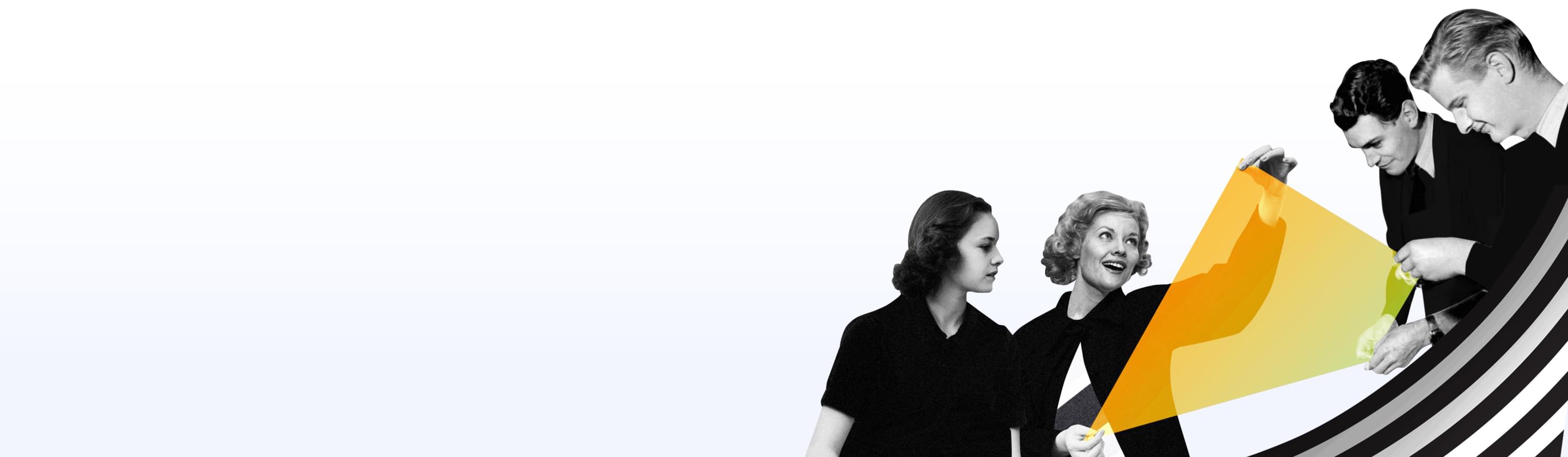 Eine Gruppe von vier Personen betrachtet eine leuchtende, gelbe dreieckige Form, die in der Luft schwebt.