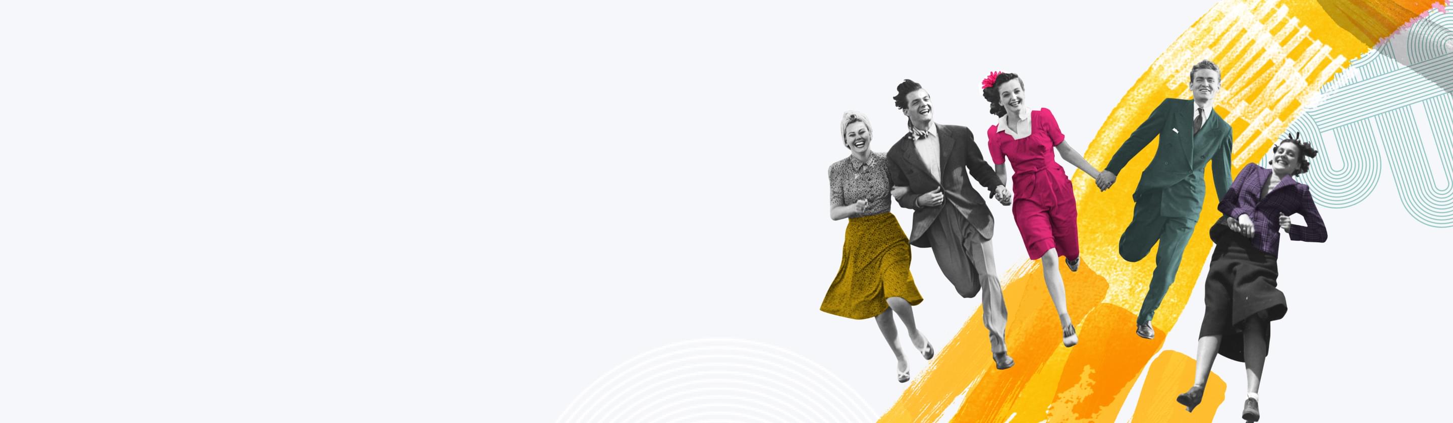 Fünf fröhliche Personen in Bewegung, mit einem dynamischen gelben Pinselstrich im Hintergrund.