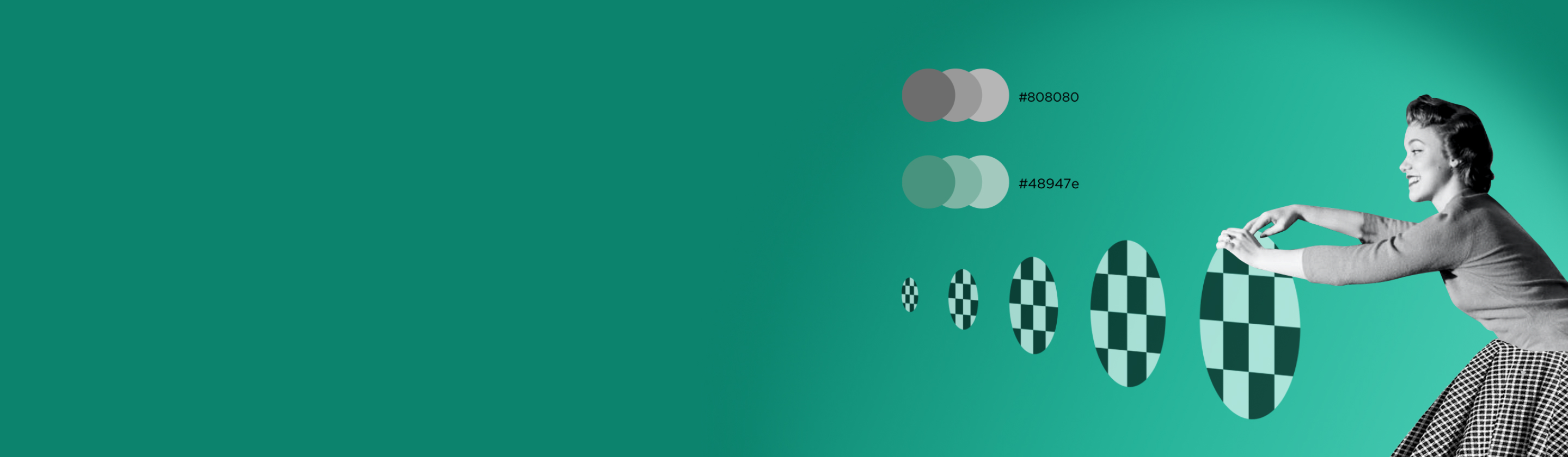 Eine lachende Frau mit einem karierten Rock schiebt karierte Ellipsen von klein nach groß auf türkisfarbenem Hintergrund.