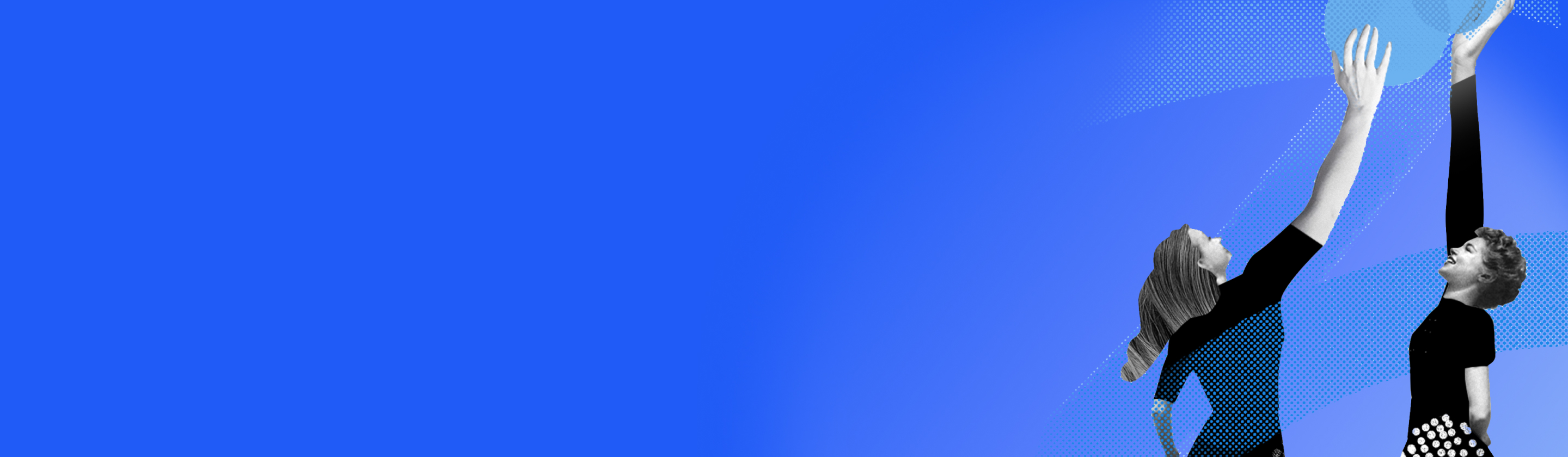 Zwei Frauen strecken die Hände nach einer blauen Kugel in einem blauen, gestrichelten Strahlenfeld aus.