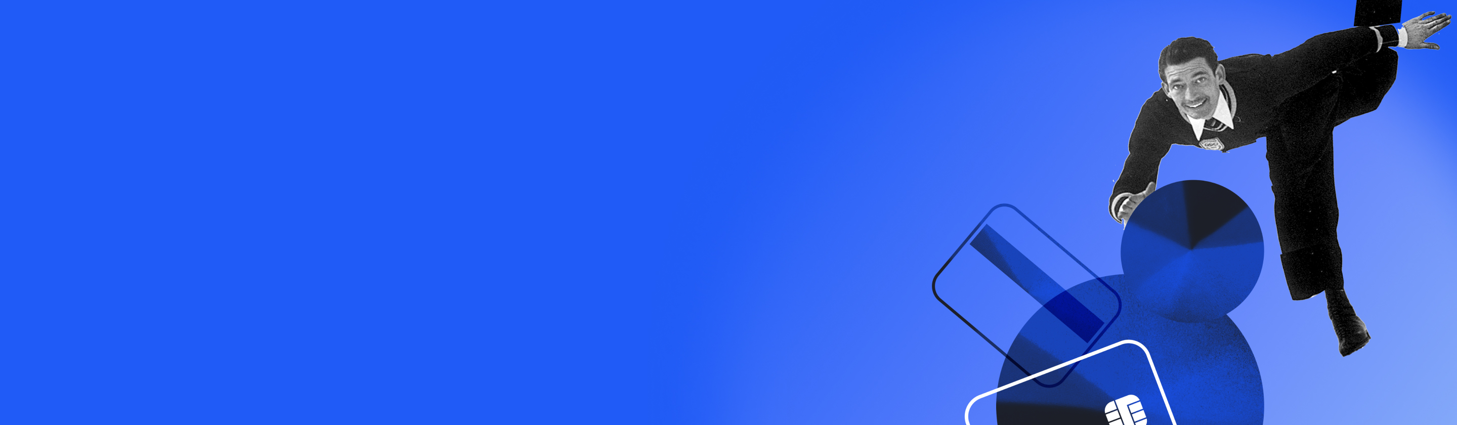 Ein lachender Mann in Anzug und Krawatte schwebt über blauen Kreisen und Kreditkarten.