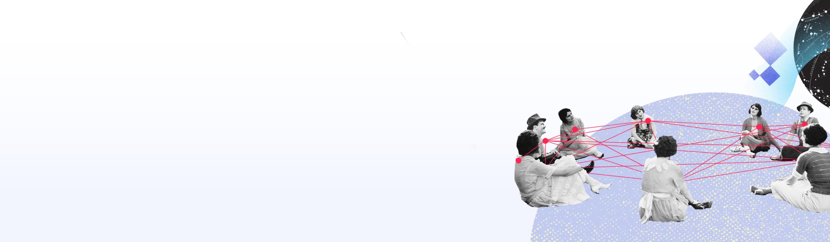 Mehrere Personen sitzen in einem Kreis, verbunden durch rote Linien, die ein Netzwerk darstellen.