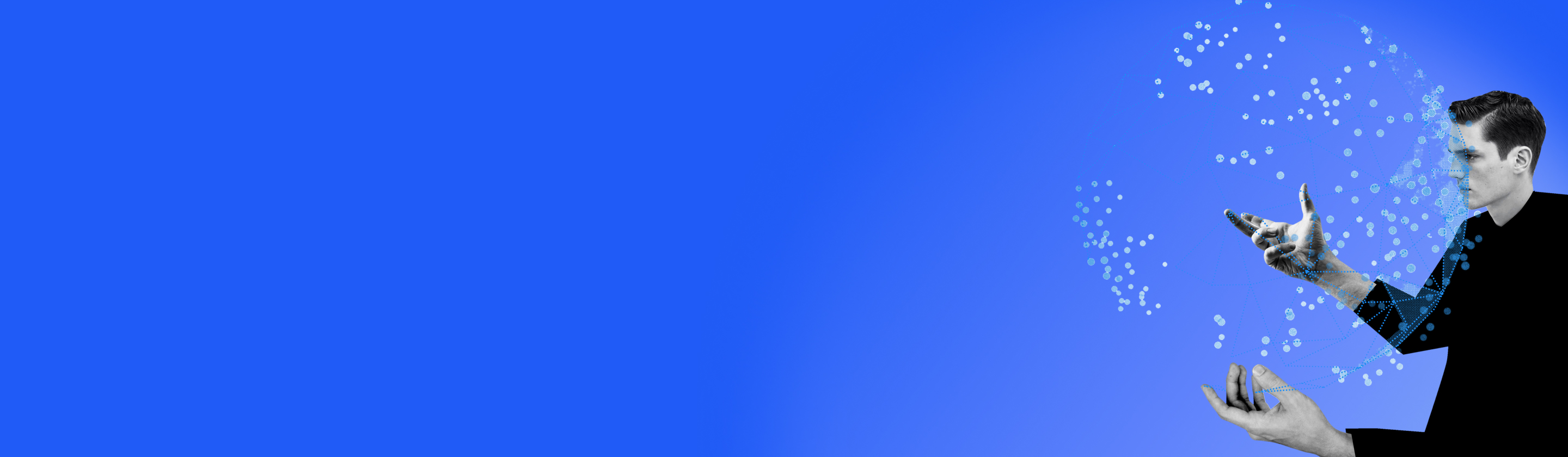 Ein Mann berührt eine kugelförmige Wolke aus leuchtend blauen Punkten.