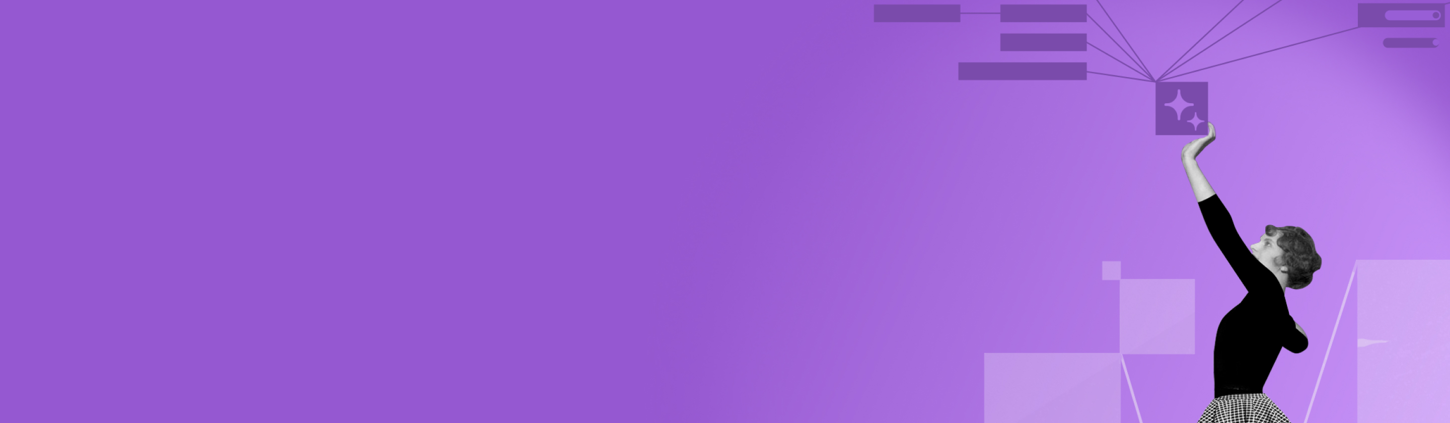 Rückansicht einer Frau im gepunkteten Rock, die auf ein verzweigtes Netzwerk mit Textfeldern vor violettem Hintergrund zeigt.