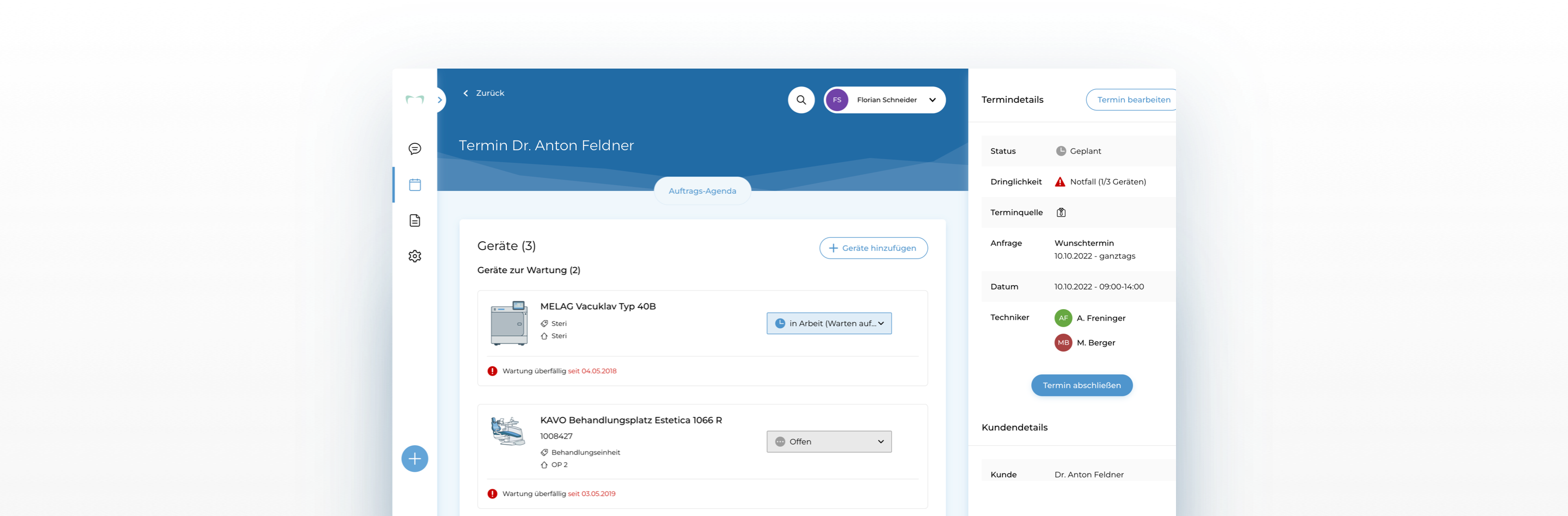 Ansicht eines Termins mit Anzeige wartungspflichtiger Geräte, Wartungshinweise, Technikerzuweisung und Termindetails.