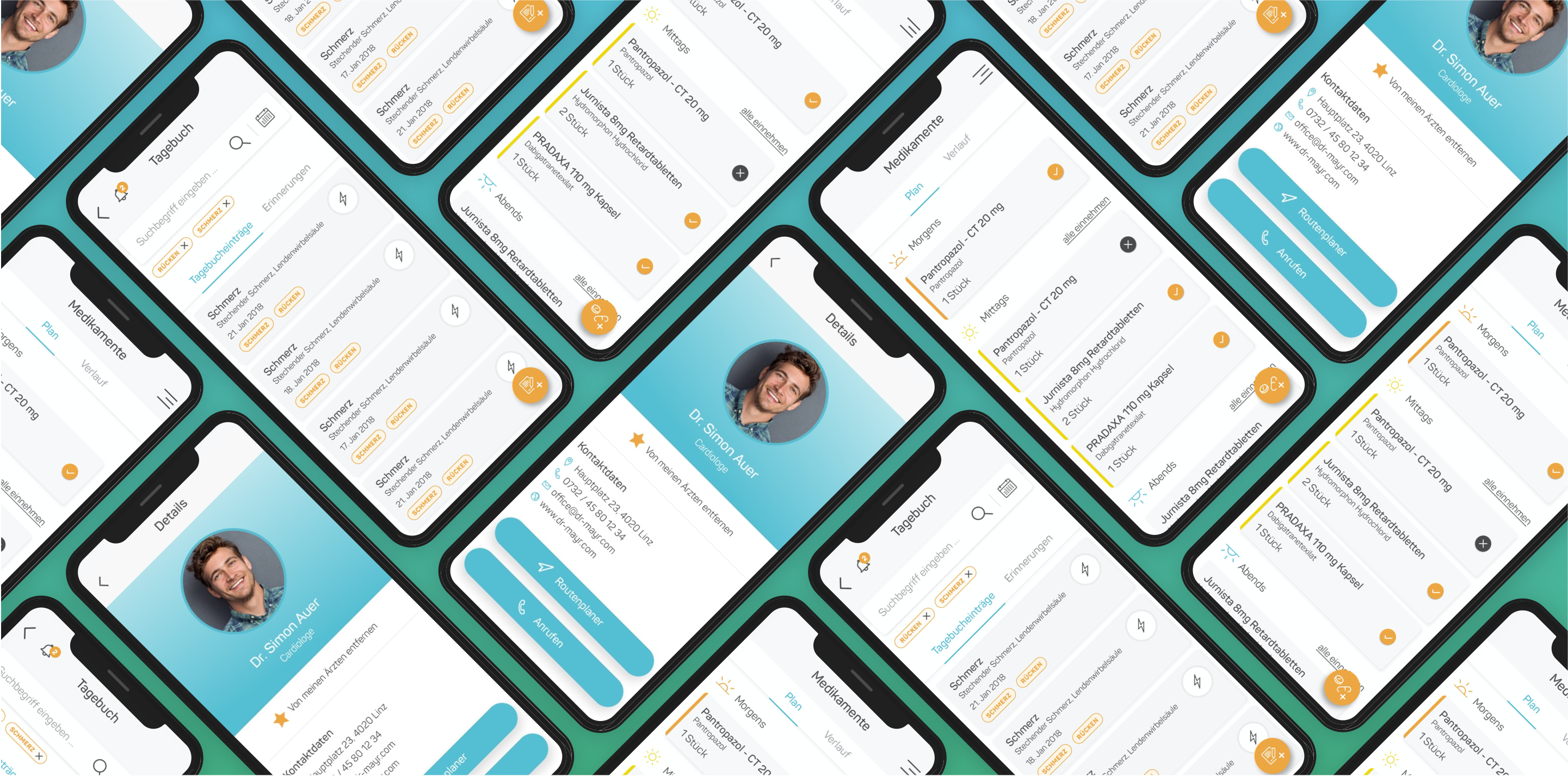 Mehrere Smartphone-Screens mit Benutzeroberfläche einer Gesundheits-App für Medikamente, Tagebuch und Kontakte.