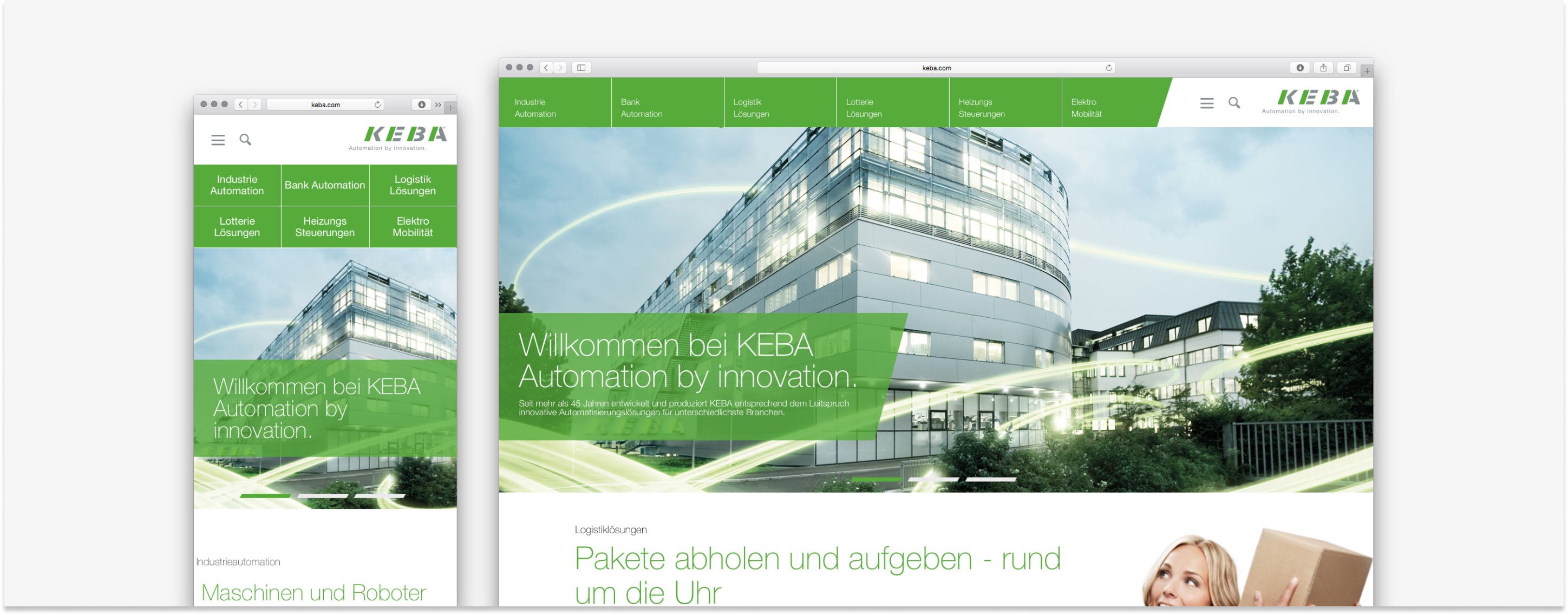 KEBA Corporate Website Startseite in Desktop und Mobile.