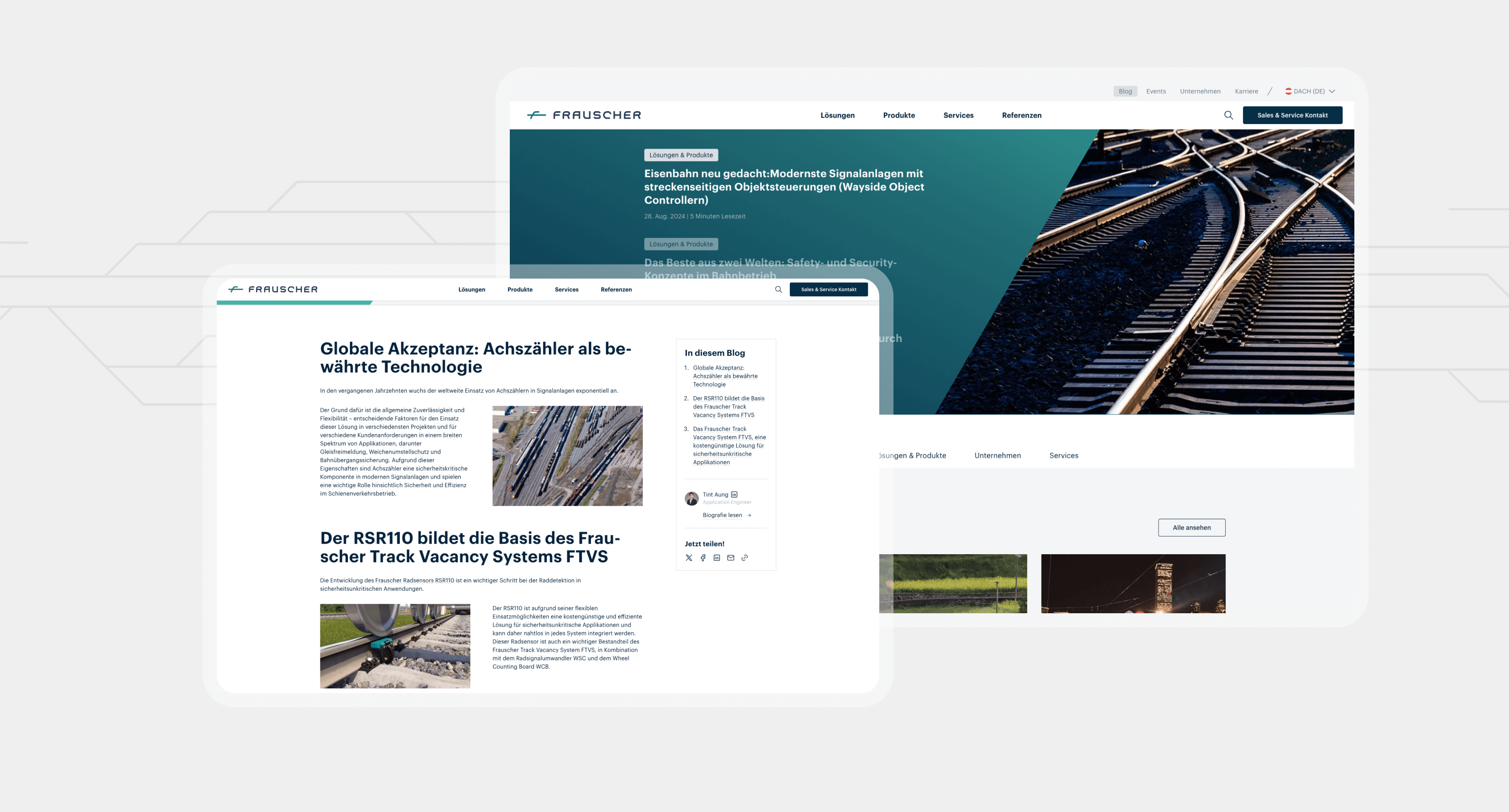 Zwei überlagerte Desktop-Ansichten der Frauscher-Website mit Fokus auf Lösungen und Blogbeitrag zu Achszählern.