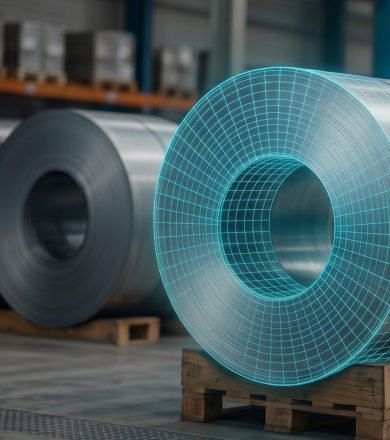 Steel rollers in a warehouse, with one roller highlighted by a digital grid overlay, placed on wooden pallets.