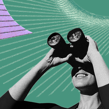 Collageartige Illustration einer Person, die mit beiden Händen ein Fernglas an die Augen hält und nach oben blickt. Der Hintergrund ist grün, durchzogen von feinen, strahlenartigen Linien, ergänzt durch abstrakte Formen in Lila und gesprenkeltem Grün. Die Darstellung vermittelt Neugier, Weitblick und Zukunftsorientierung.