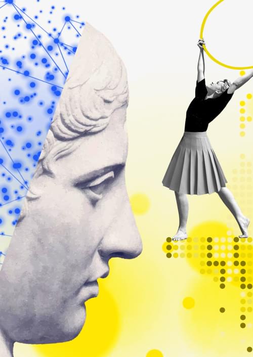 Ein abstraktes Bild zeigt eine Büste und eine Frau, die einen Reifen hält, mit geometrischen Mustern.