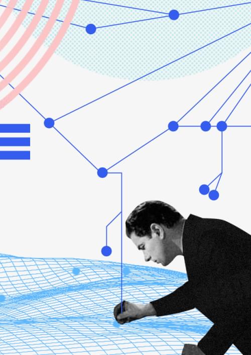 Ein Verkäufer betrachtet aufmerksam ein Netzwerkdiagramm mit abstrakten blauen Datenpunkten und Verbindungslinien im Hintergrund.