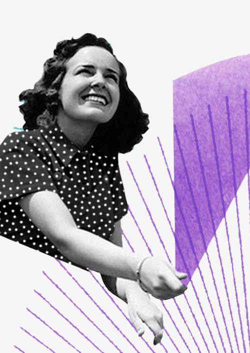 Schwarz-weiße Collage einer lächelnden Frau im gepunkteten Kleid, die nach oben schaut. Sie scheint etwas zu halten, während dynamische lilafarbene Linien und Formen im Hintergrund einen modernen, künstlerischen Akzent setzen.