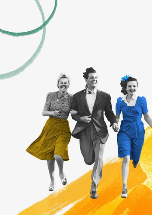 Eine Gruppe lachender, stilisierter Menschen in Vintage-Kleidung rennt über einen farbigen Pinselstrich.