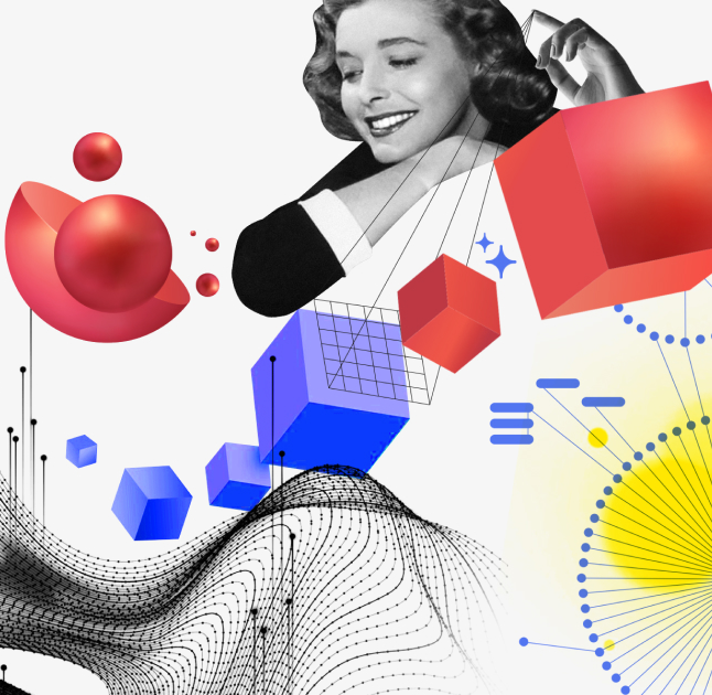 Eine surreale Collage aus Vintage-Frauen, geometrischen Formen und Mustern in kräftigen Farben, die eine dynamische und skurrile visuelle Szene erzeugt.