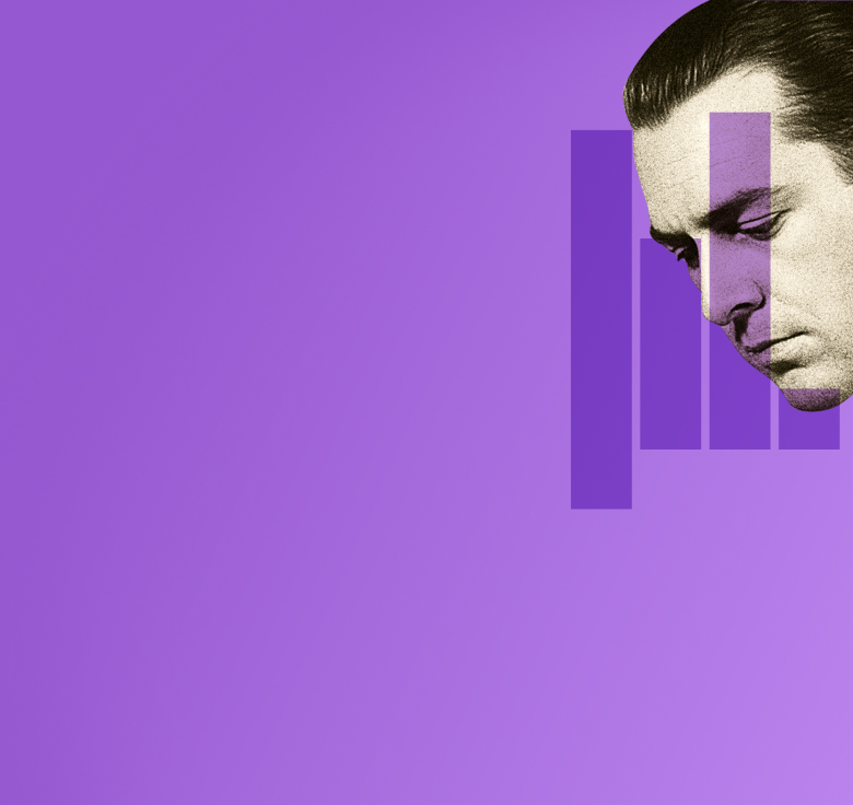 Ein Mann vor violettem Hintergrund, überlagert von einem abstrakten Balkendiagramm.