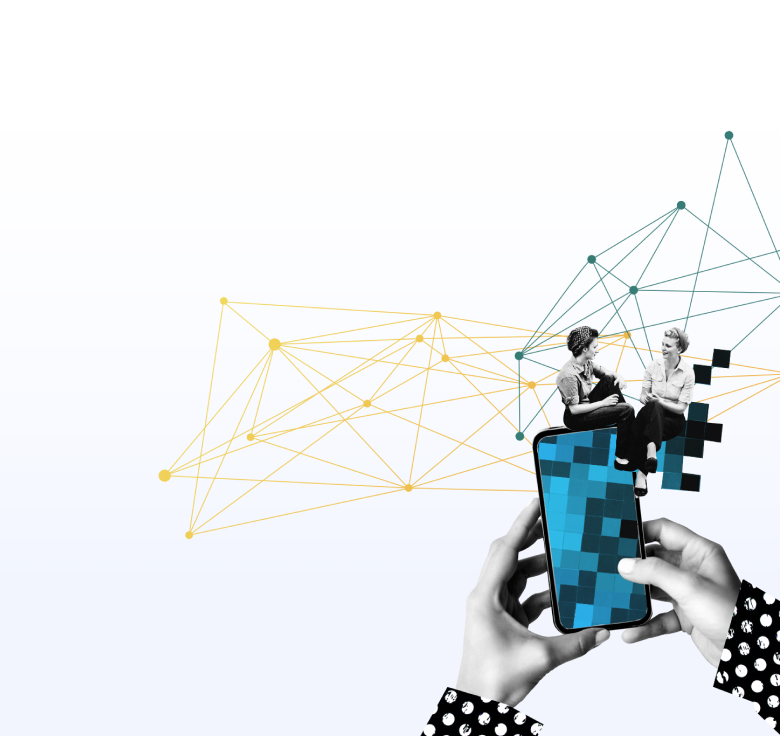 Zwei Personen sitzen auf einem großen Smartphone, umgeben von einem digitalen Netzwerk.