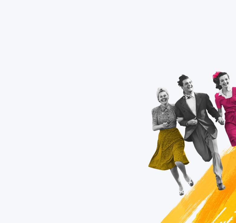 Fünf fröhliche Personen in Bewegung, mit einem dynamischen gelben Pinselstrich im Hintergrund.