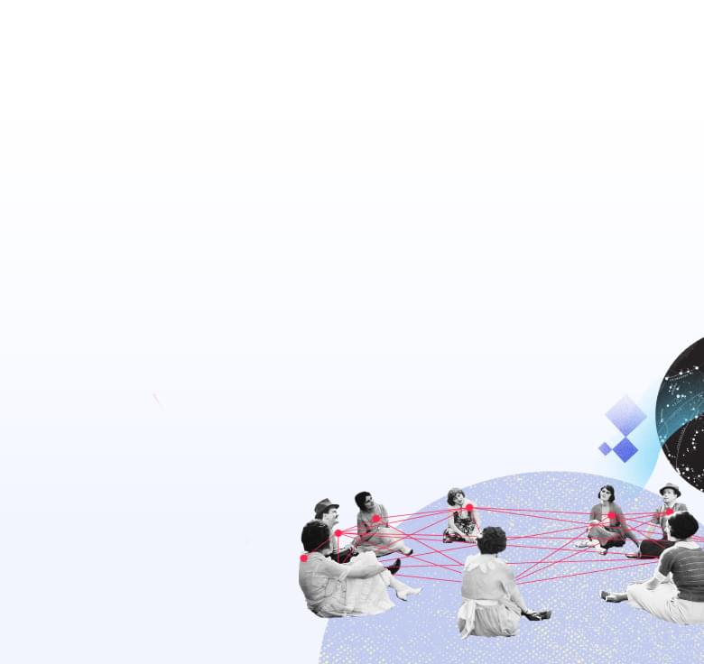 Mehrere Personen sitzen in einem Kreis, verbunden durch rote Linien, die ein Netzwerk darstellen.