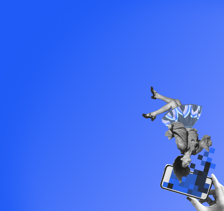 Eine Frau in der Luft, die in ein Smartphone blickt, aus dem blaue Pixel strömen.